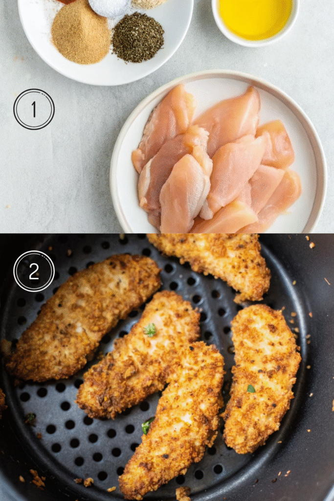 Rohe Hähnchenstreifen marinieren in einer Buttermilch-Mischung in einer Glasschüssel für das Air Fryer Rezept.