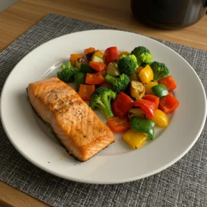 Ein Stück gegrillter Lachs serviert mit einer großen Portion geröstetem Gemüse aus dem Airfryer auf einem Teller.