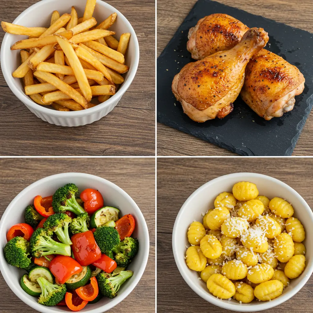 Eine Auswahl an leckeren Airfryer Rezepten, darunter knusprige Pommes, saftiges Hähnchen und geröstetes Gemüse auf einem Holztisch.
