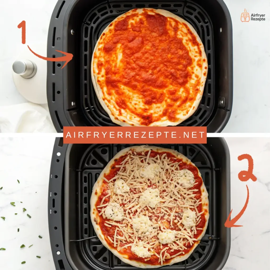 Zubereitungsschritte für eine Pizza im Airfryer: Pizzaboden mit Sauce und danach mit Käse belegt.