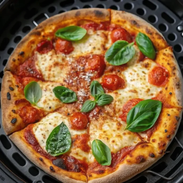 Eine fertig gebackene, knusprige Pizza im Airfryer, garniert mit frischem Basilikum und Tomaten.
