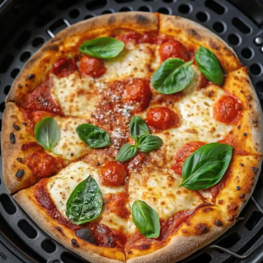 Eine fertig gebackene, knusprige Pizza im Airfryer, garniert mit frischem Basilikum und Tomaten.
