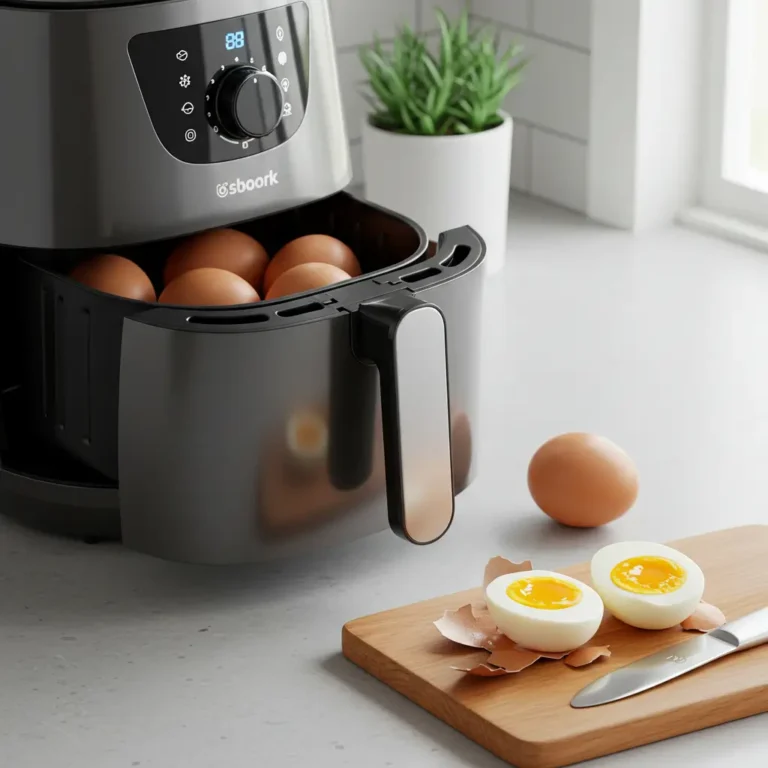Perfekte Eier im Airfryer: Ein aufgeschnittenes, hartgekochtes Ei liegt neben der Heißluftfritteuse, deren Korb mit weiteren Eiern gefüllt ist.