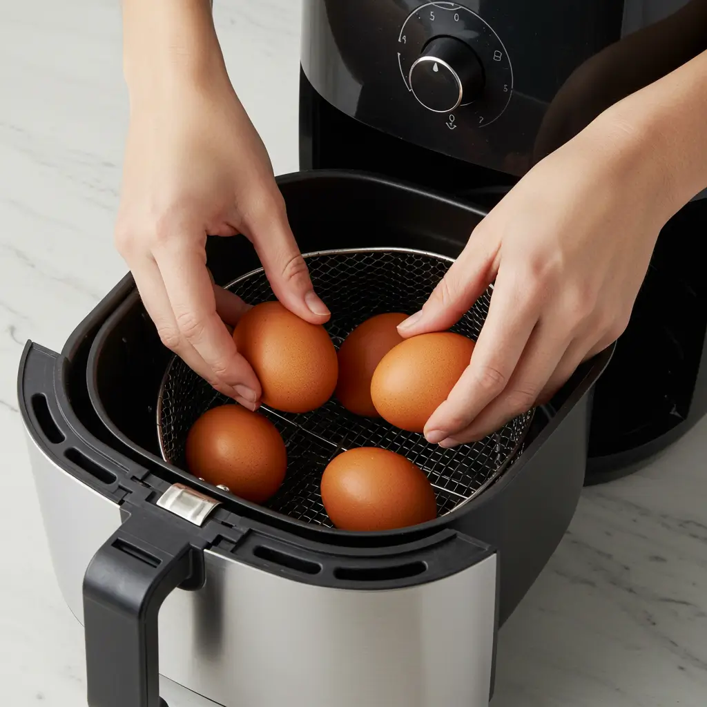 Zubereitung von Eier im Airfryer: Eine Person legt rohe Eier von Hand direkt in den Airfryer-Korb.