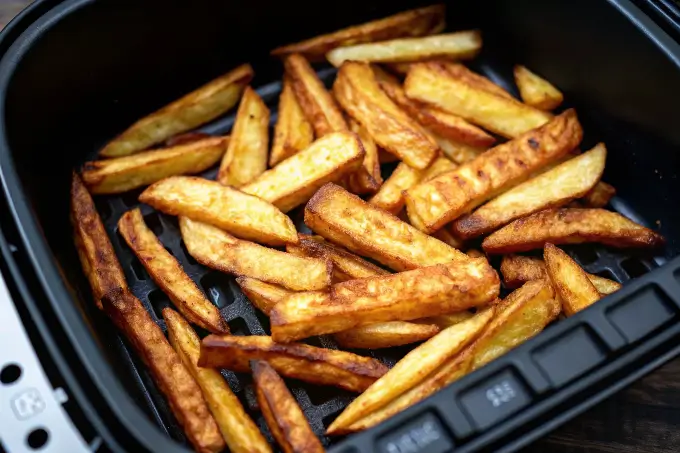 Goldbraun gebackene pommes heißluftfritteuse liegen nach dem Garen knusprig im Korb des Airfryers.