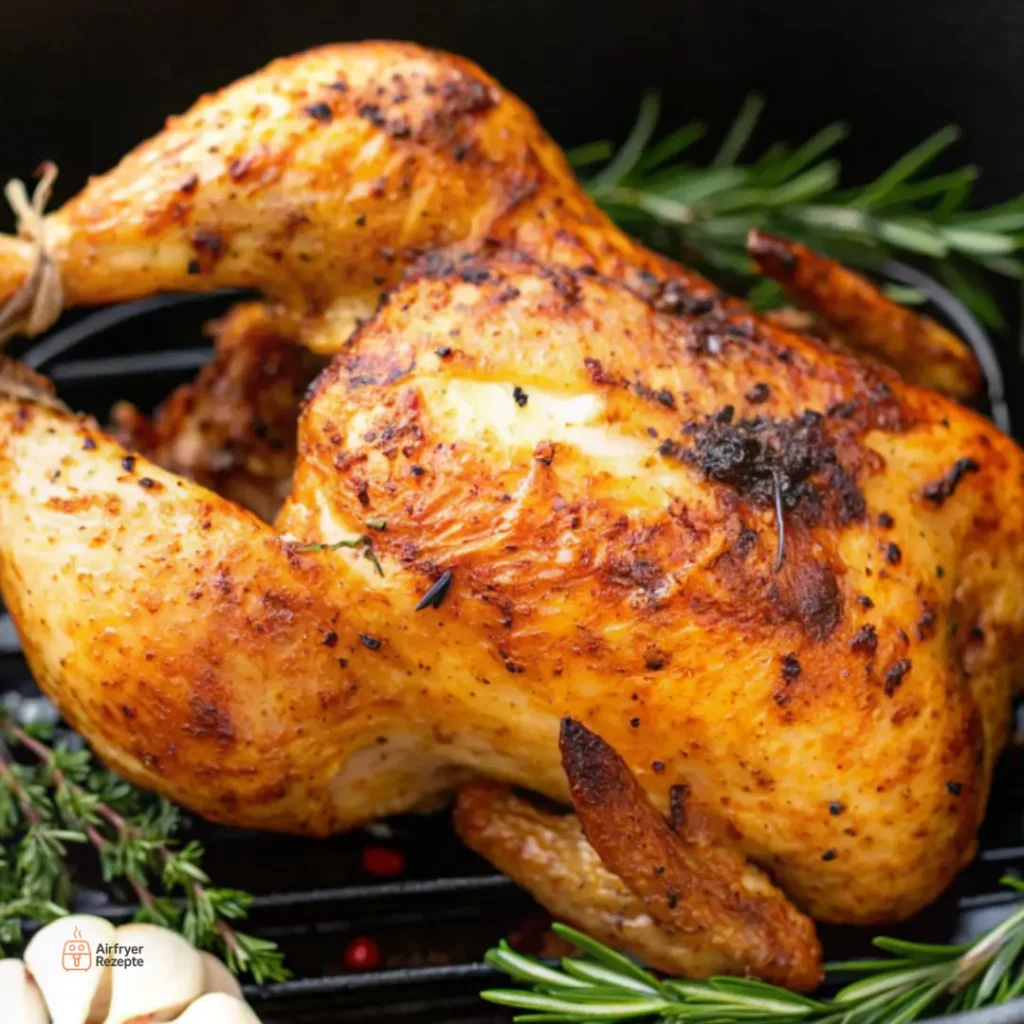 Ein fertig gegartes ganzes Hähnchen im Airfryer, garniert mit Knoblauch und frischen Kräutern.