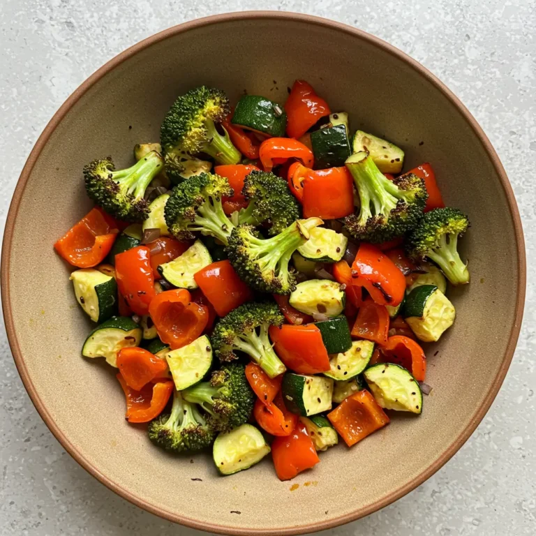 Eine bunte Schüssel mit geröstetem Gemüse aus dem Airfryer, darunter Brokkoli, Paprika und Zucchini.