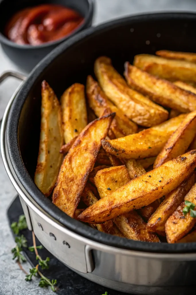 Frisch gebackene, knusprige Kartoffelspalten in dem halb herausgezogenen Korb einer modernen Heißluftfritteuse.