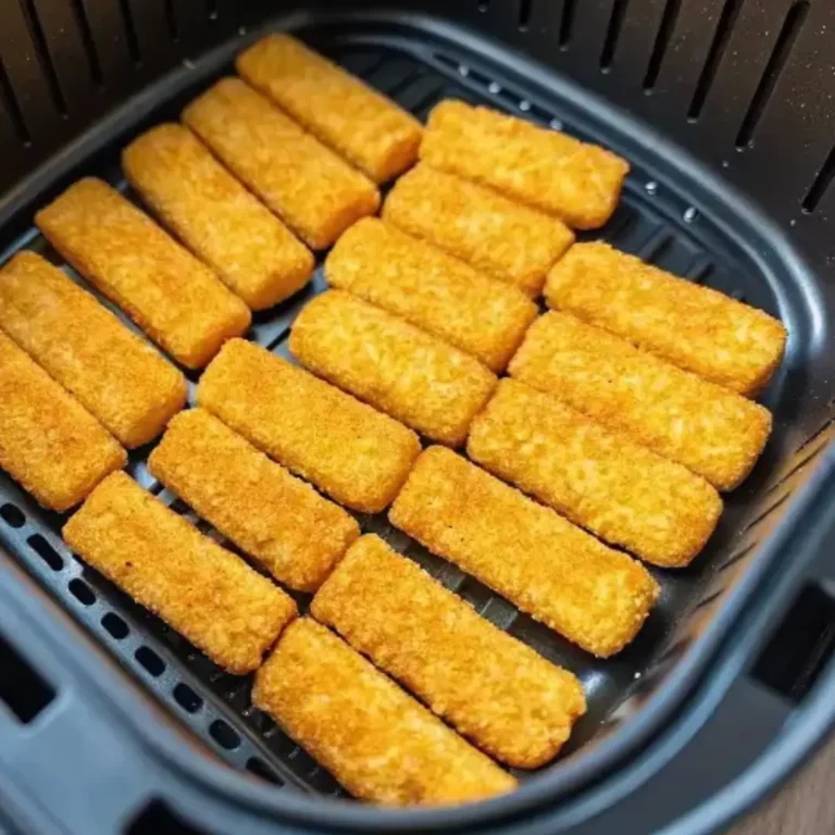 Goldbraune, knusprige Fischstäbchen im Airfryer, serviert in einer weißen Schüssel mit einem Petersilienzweig.