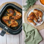 Eine Collage, die links die Hähnchenschenkel im Airfryer und rechts die fertigen Schenkel auf einem Teller zeigt.