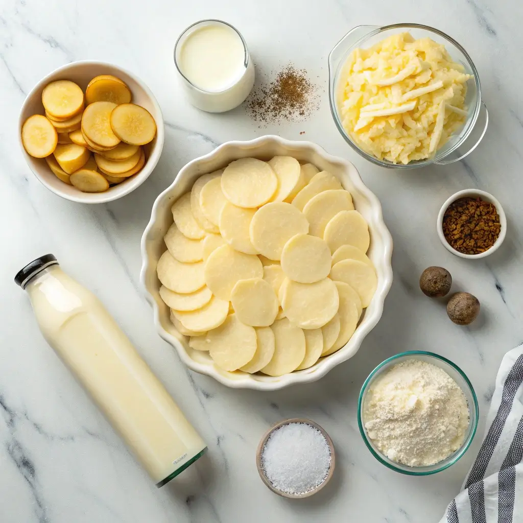 Eine Ansammlung von Zutaten für Kartoffelgratin im Airfryer, darunter fein geschnittene Kartoffeln, Milch, geriebener Käse, Salz, Pfeffer, Muskatnuss, Mehl und Kräuter.