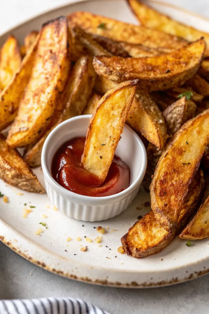 Eine große Servierschale mit fertigen Kartoffelecken aus der Heißluftfritteuse, daneben zwei kleine Schalen mit Ketchup und Kräuterdip.