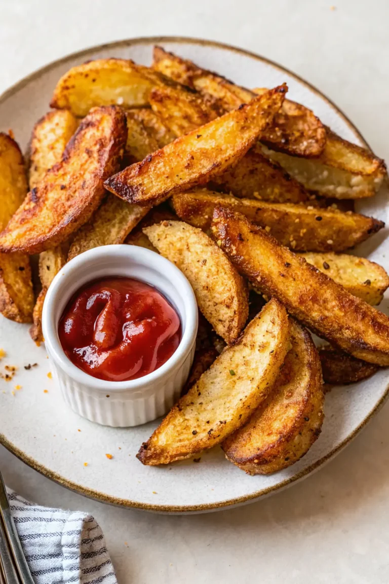 Eine weiße Schüssel gefüllt mit goldbraunen Kartoffelspalten aus der Heißluftfritteuse, garniert mit frischer Petersilie.