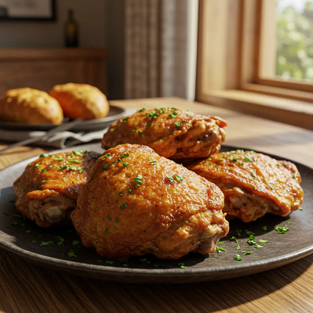 Mehrere knusprige Hähnchenkeulen aus dem Airfryer, perfekt goldbraun gebraten und auf einer Servierplatte angerichtet.
