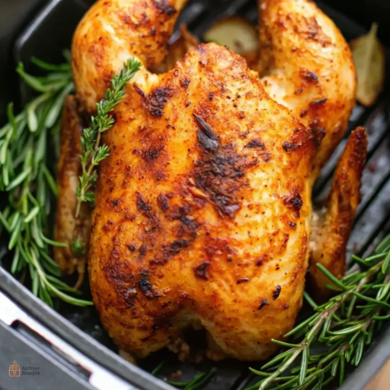 Ein goldbraunes ganzes hähnchen im airfryer​, umgeben von frischem Rosmarin und Thymian.