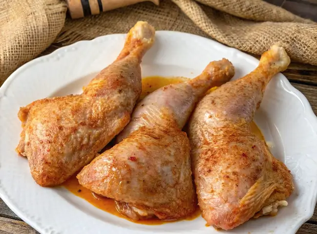 Vier rohe, marinierte Hähnchenschenkel auf einem weißen Teller, bereit für die Zubereitung im Airfryer.