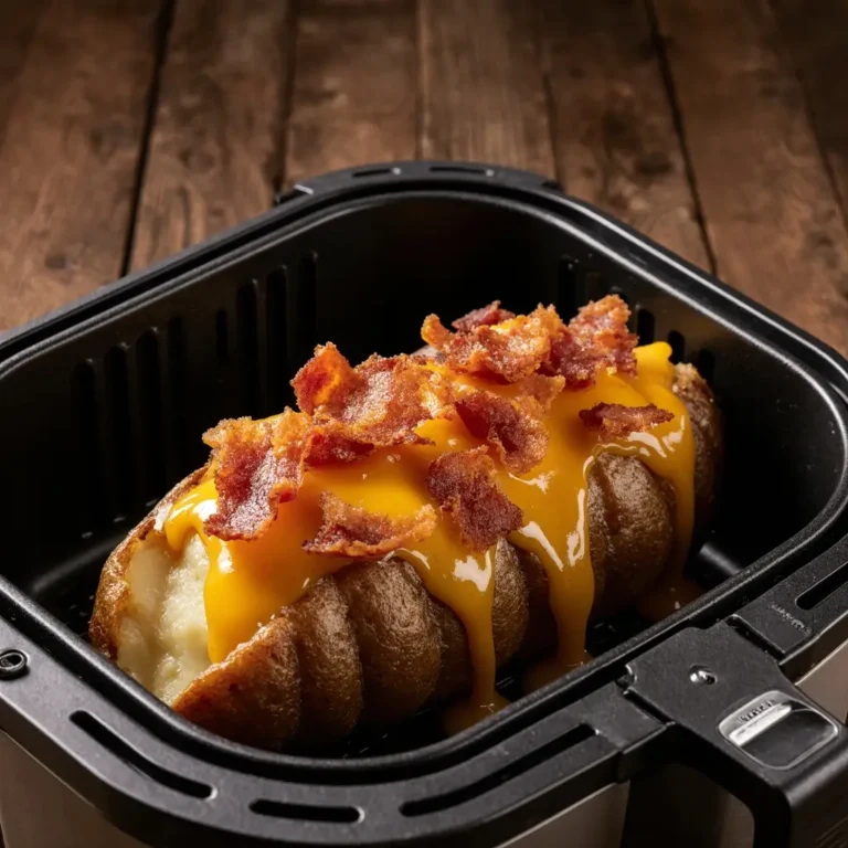 Eine Ofenkartoffel im Airfryer, gefüllt mit cremigem Kartoffelpüree und überbackenem Käse, garniert mit knusprigen Speckstücken.