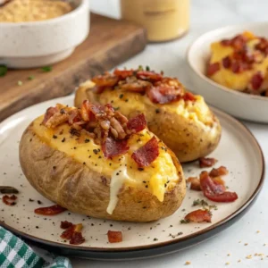 Zwei Ofenkartoffeln im Airfryer, gefüllt mit Kartoffelpüree, überbacken mit Käse und garniert mit knusprigem Bacon.