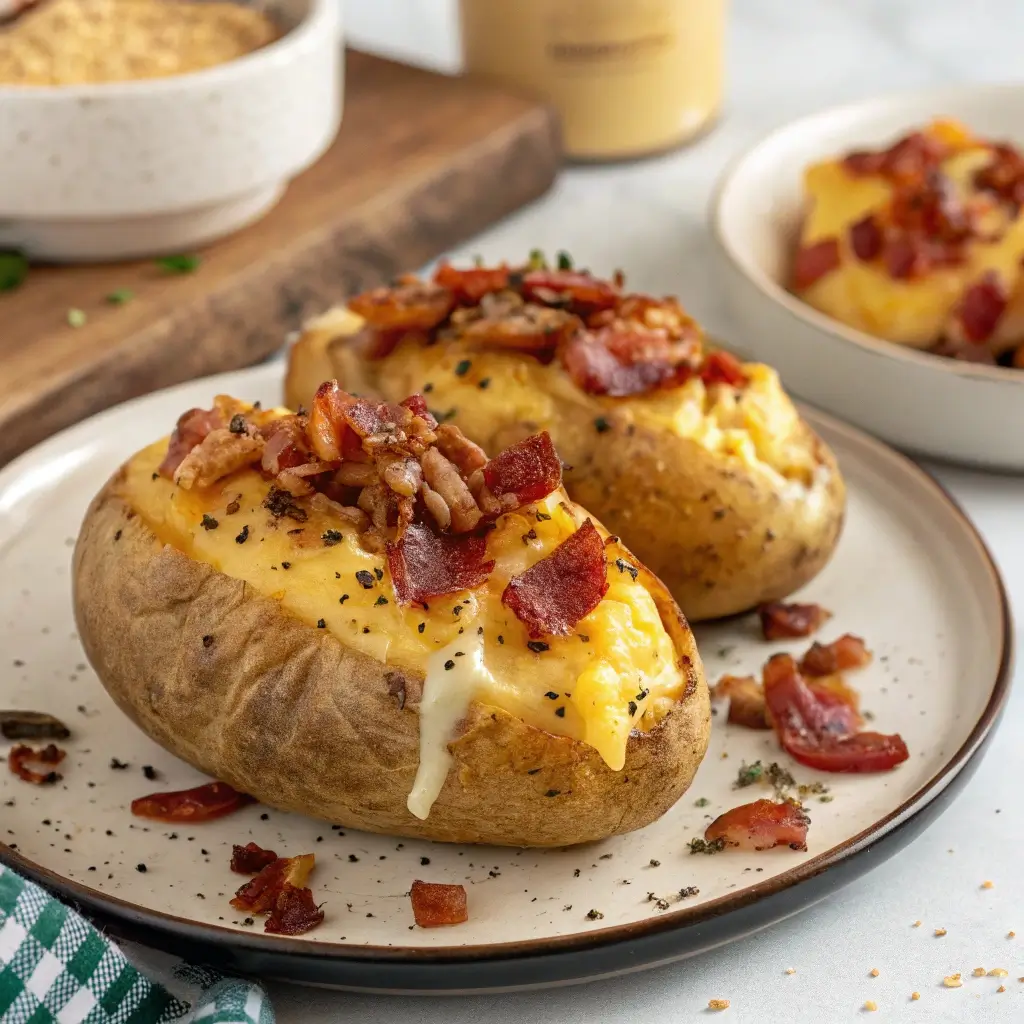 Zwei Ofenkartoffeln im Airfryer, gefüllt mit Kartoffelpüree, überbacken mit Käse und garniert mit knusprigem Bacon.