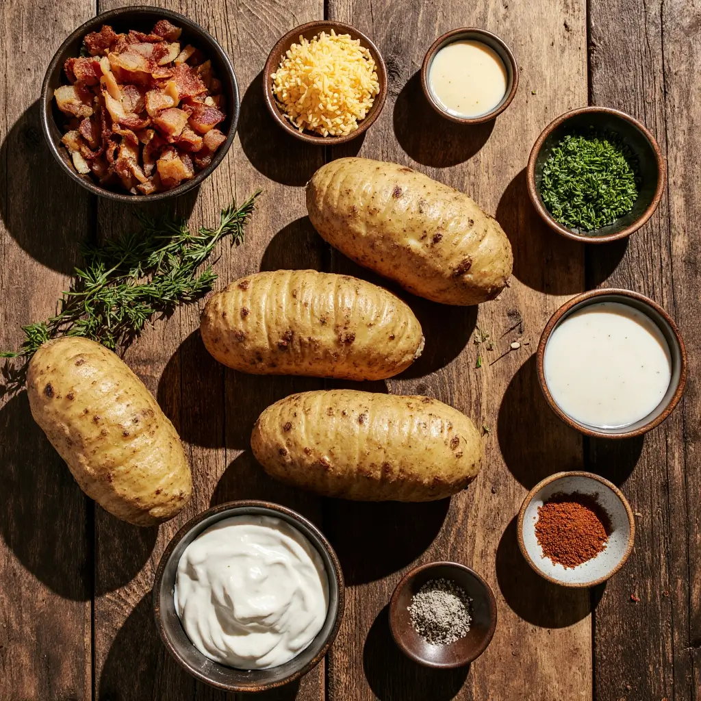 "Zutaten für Ofenkartoffeln im Airfryer: mehligkochende Kartoffeln, gewürfelter Speck, geriebener Käse, frische Kräuter, Sauerrahm, Butter, gehackte Zwiebeln, Salz, Pfeffer und Paprikapulver auf einem rustikalen Holztisch.