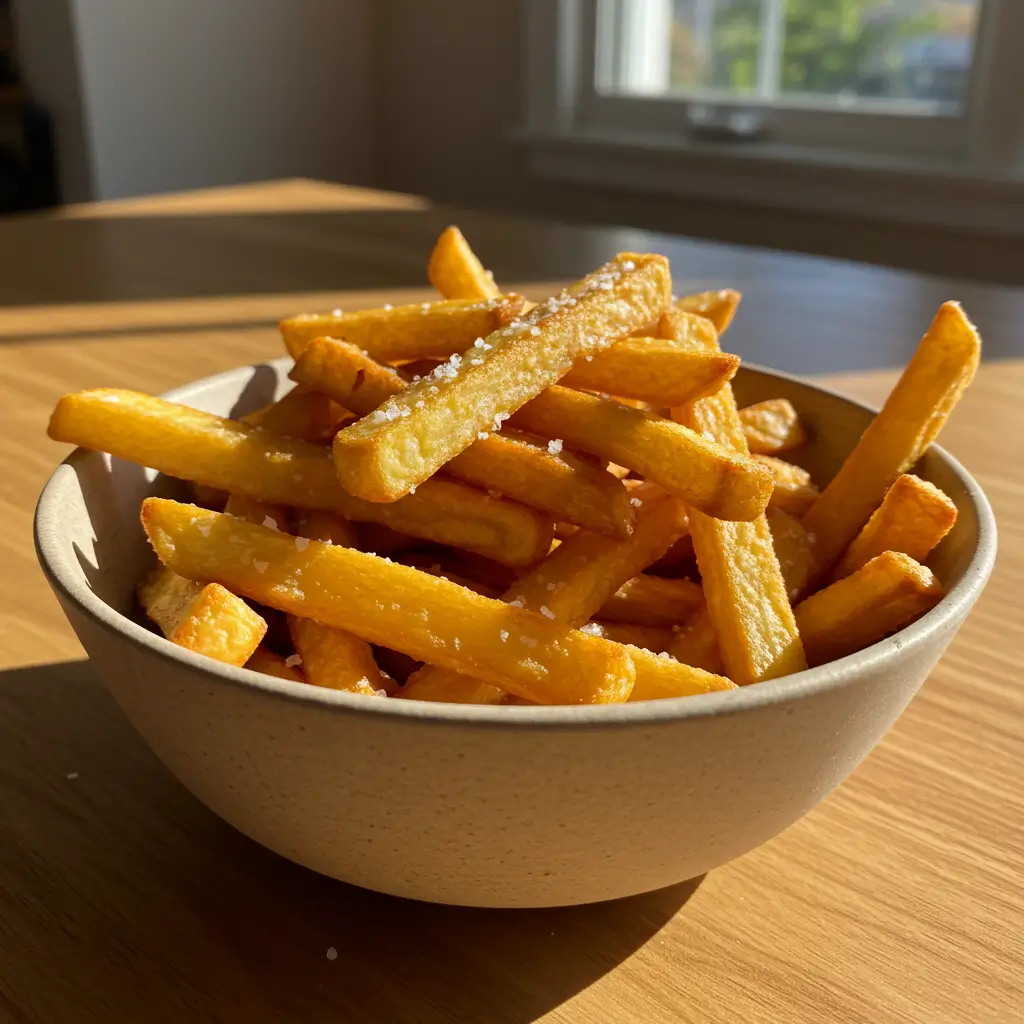 Eine Schüssel mit perfekten, goldenen und knusprigen Pommes aus dem Airfryer, zubereitet nach einem einfachen Rezept, daneben Dips.
