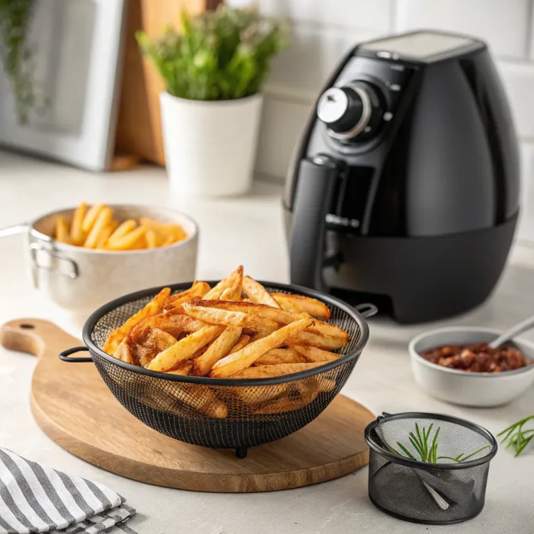 Knusprige pommes heißluftfritteuse in einer Servierschale mit dem schwarzen Airfryer-Gerät im Hintergrund auf einer Küchenzeile.