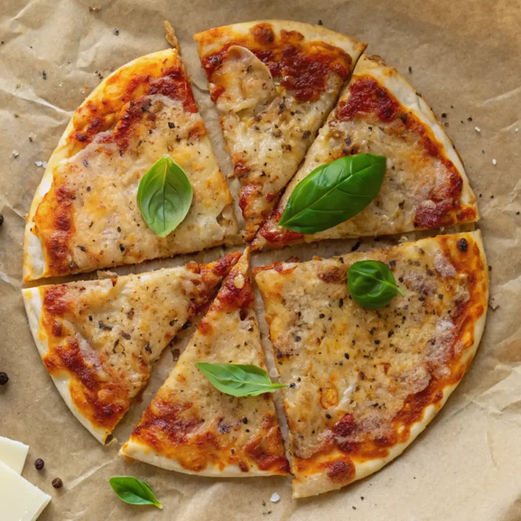 Eine in Stücke geschnittene Pizza im Airfryer gebacken, serviert auf Backpapier.