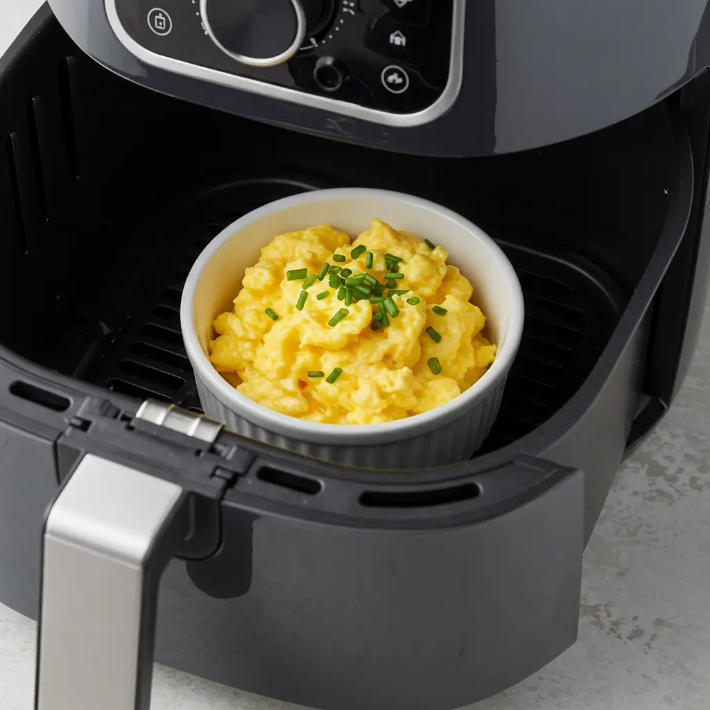 Ein Beispiel für die Vielseitigkeit von Eier im Airfryer: Rührei in einer Schale, das direkt im Korb der Heißluftfritteuse gegart wurde.