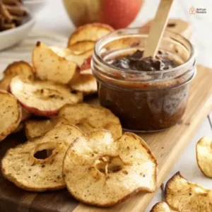 Ein Haufen goldbrauner, selbstgemachter Zimt-Apfelchips aus der Heißluftfritteuse.