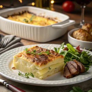 Ein köstliches Kartoffelgratin mit einer goldbraunen, knusprigen Oberfläche wird auf einem weißen Teller serviert. Es ist garniert mit frischen Kräutern und begleitet von grünen Salatblättern und gebratenem Fleisch (vermutlich Wurst). Im Hintergrund steht ein weiteres Gratin im Backtopf sowie eine Schale mit Bratkartoffeln.