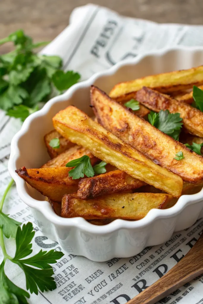 Servierfertige, selbstgemachte Pommes aus der Heißluftfritteuse in einer weißen Keramikschale mit frischer Petersilie garniert.