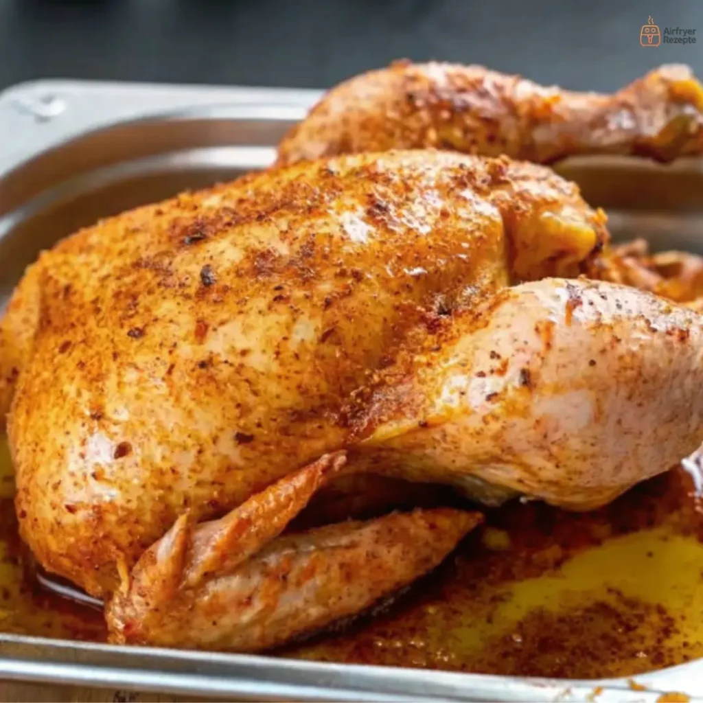 Ein mariniertes, rohes Huhn als Vorbereitung für ein ganzes hähnchen im airfryer.