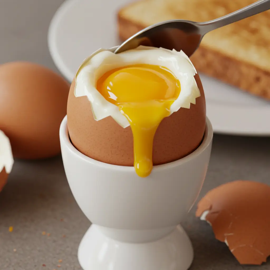 Ein perfekt weichgekochtes Ei, das Ergebnis der Zubereitung von Eier im Airfryer, mit cremigem Eigelb in einem Eierbecher.