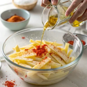 Rohe Kartoffelstifte werden in einer Glasschüssel mit Öl und Paprika für das pommes heißluftfritteuse Rezept gewürzt.
