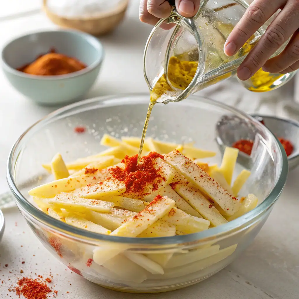 Rohe Kartoffelstifte werden in einer Glasschüssel mit Öl und Paprika für das pommes heißluftfritteuse Rezept gewürzt.