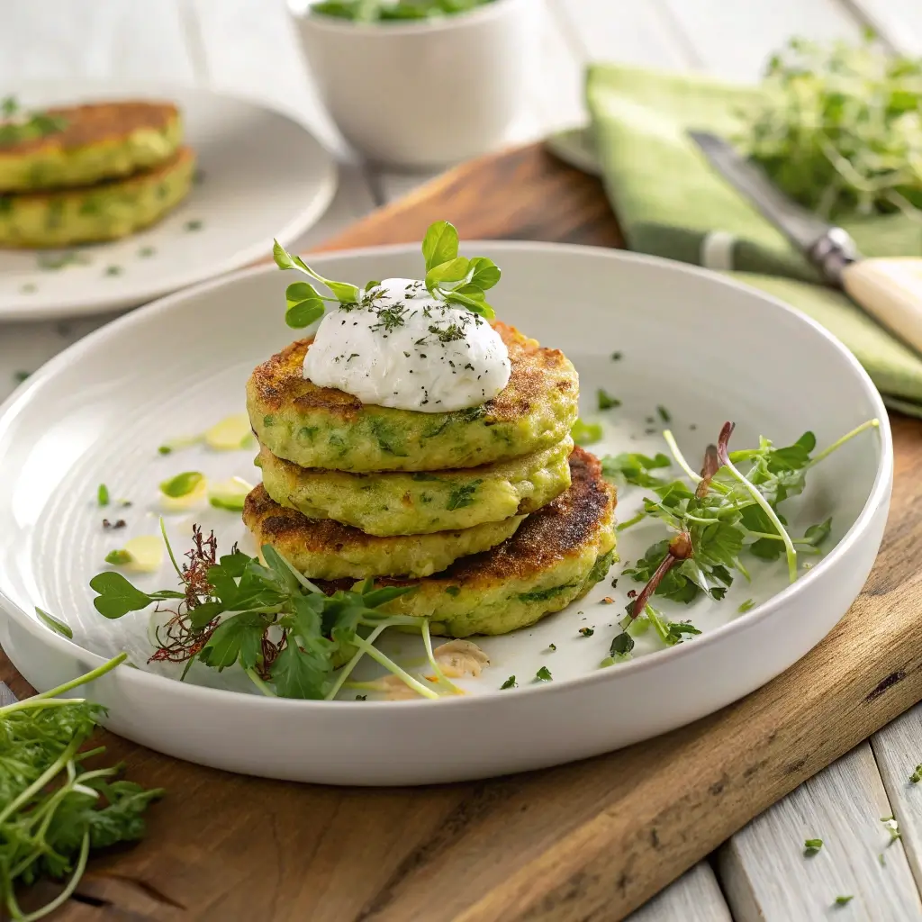 Knusprige Zucchini-Puffer mit selbstgemachtem Kräuterquark auf einem weißen Teller, serviert auf einem Holzbrett mit frischen Kräutern als Garnitur.