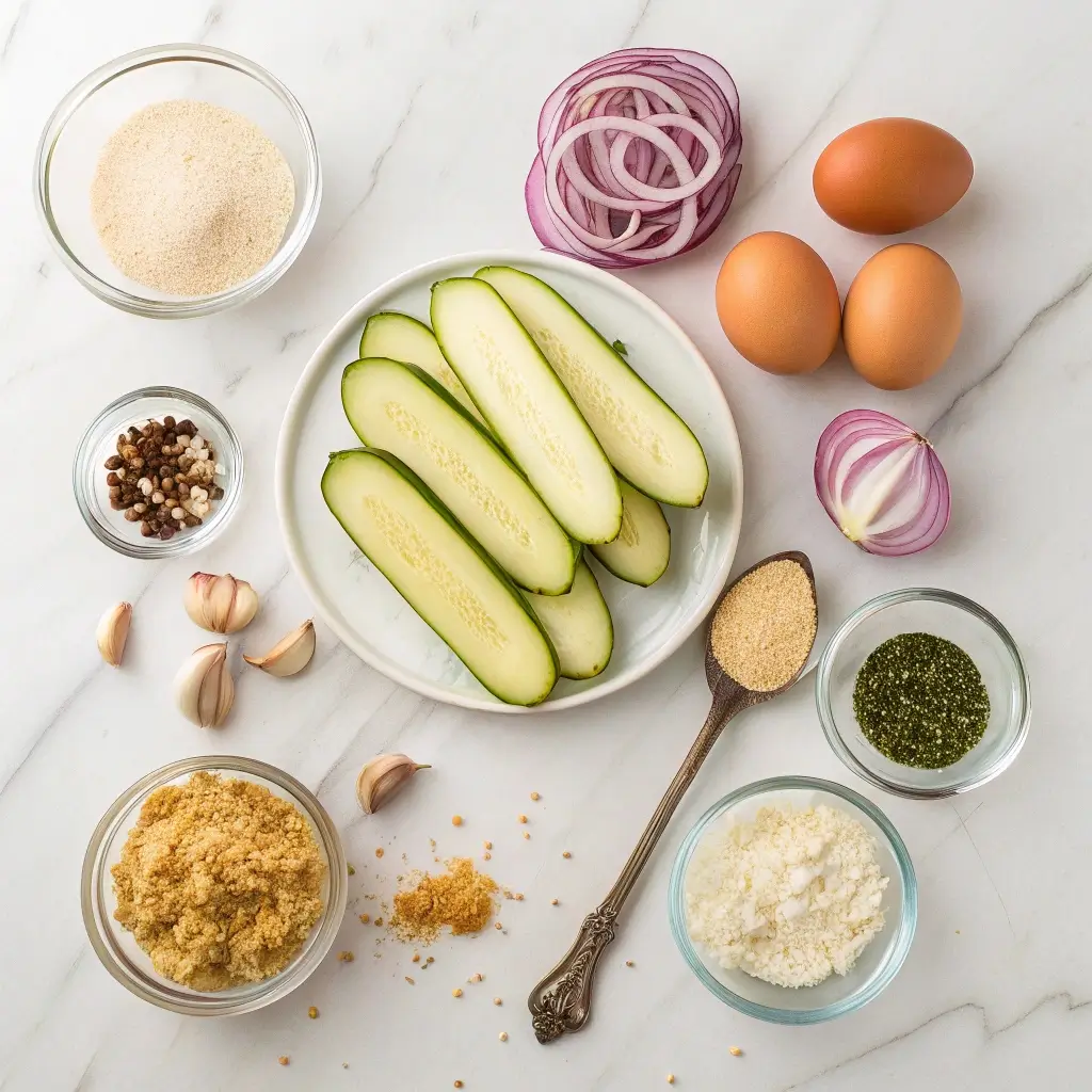 Alle Zutaten für knusprige Zucchini-Puffer auf einem sauberen weißen Hintergrund, darunter geschnittene Zucchini, rote Zwiebeln, Knoblauchzehen, Eier, Mehl, Parmesan, Petersilie, Salz, Pfeffer und andere Gewürze.