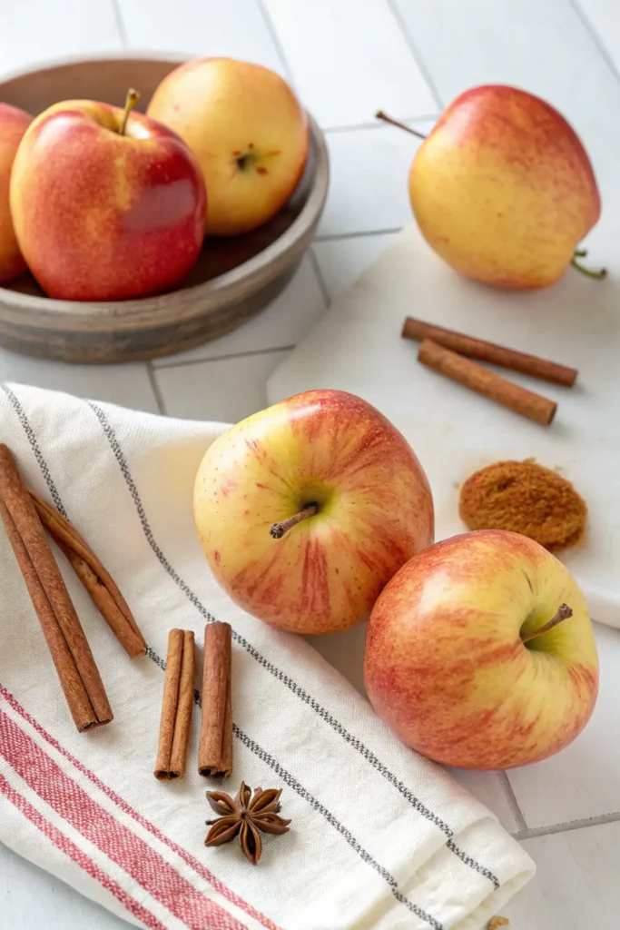 Zutaten für Apfelchips aus der Heißluftfritteuse: frische Äpfel und Zimt auf einem Holzbrett.