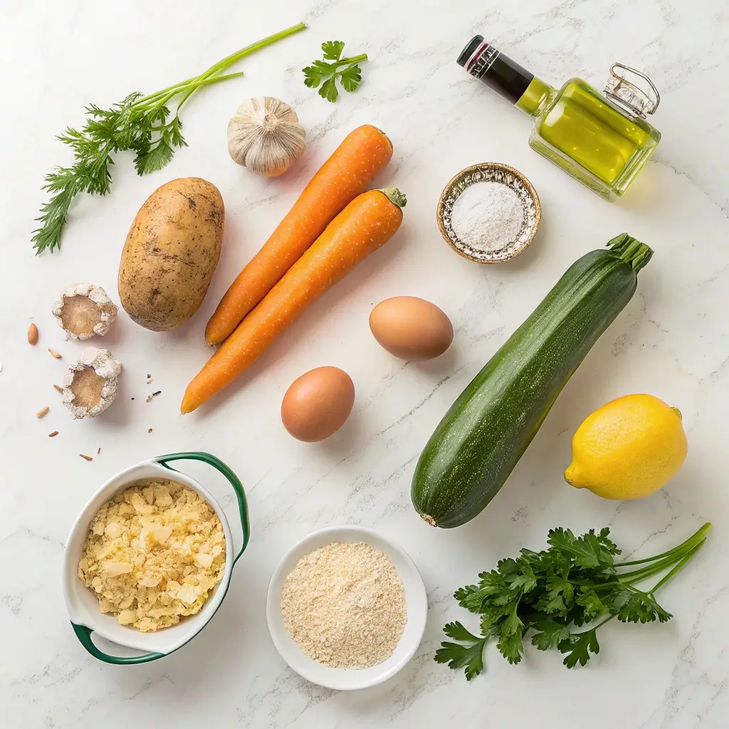 Zutaten für knusprige Zucchini-Möhren-Puffer: Möhren, Zucchini, Kartoffel, Eier, Parmesan, Semmelbrösel, Knoblauch, Petersilie, Zitrone und Olivenöl