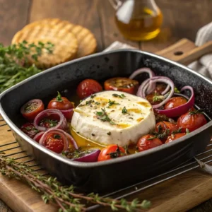 Feta-Käse Scheibe im Heißluftfritteuse, gefüllt mit Tomaten und Zwiebeln, überbacken und mit Olivenöl und Kräutern garniert.