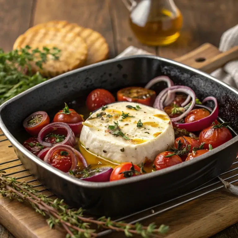 Feta-Käse Scheibe im Heißluftfritteuse, gefüllt mit Tomaten und Zwiebeln, überbacken und mit Olivenöl und Kräutern garniert.