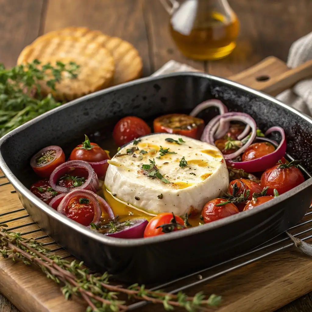 Feta-Käse Scheibe im Heißluftfritteuse, gefüllt mit Tomaten und Zwiebeln, überbacken und mit Olivenöl und Kräutern garniert.