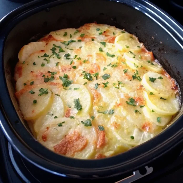 Eine köstliche Kartoffelgratin-Portion, zubereitet im Airfryer, serviert in einem dunklen Keramiktopf. Die Schichten aus dünn geschnittenen Kartoffeln sind mit Käse überbacken und mit frischen Kräutern garniert.