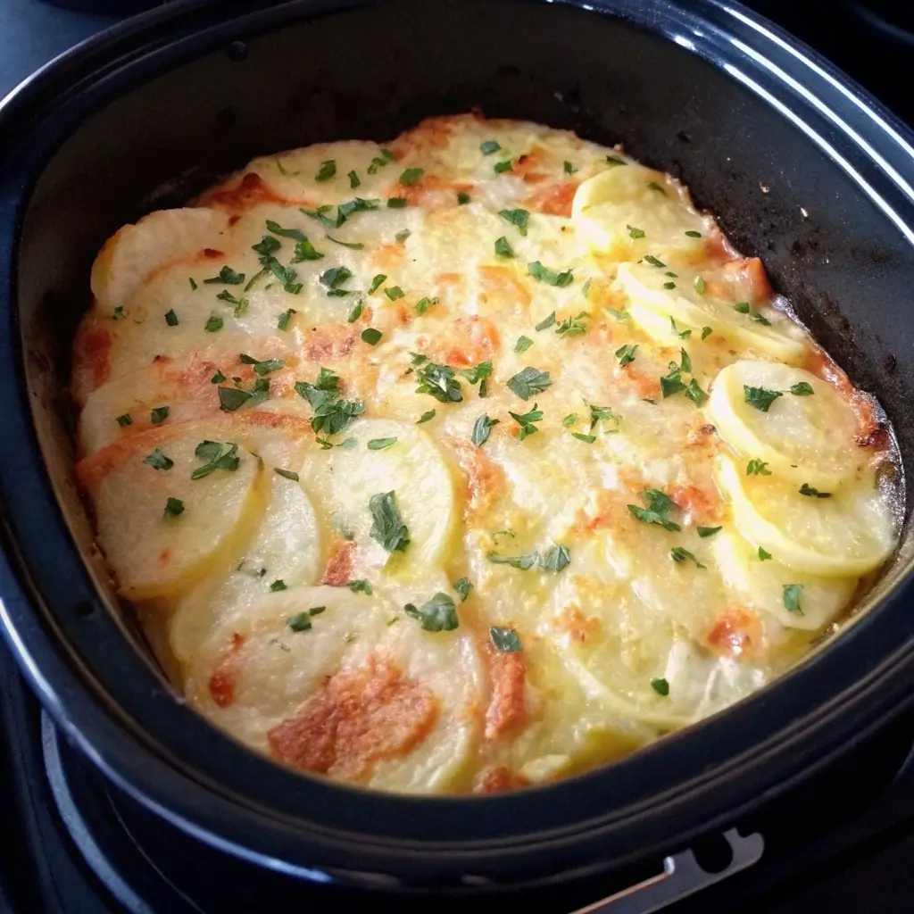 Eine köstliche Kartoffelgratin-Portion, zubereitet im Airfryer, serviert in einem dunklen Keramiktopf. Die Schichten aus dünn geschnittenen Kartoffeln sind mit Käse überbacken und mit frischen Kräutern garniert.