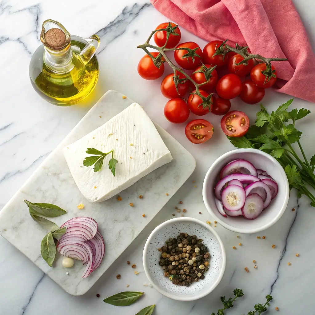 Frische Zutaten für Feta-Käse mit Tomaten: Feta-Scheibe, Cocktailtomaten, Zwiebelringe, Pfefferkörner, Olivenöl und frische Kräuter auf einem Marmor-Brett.