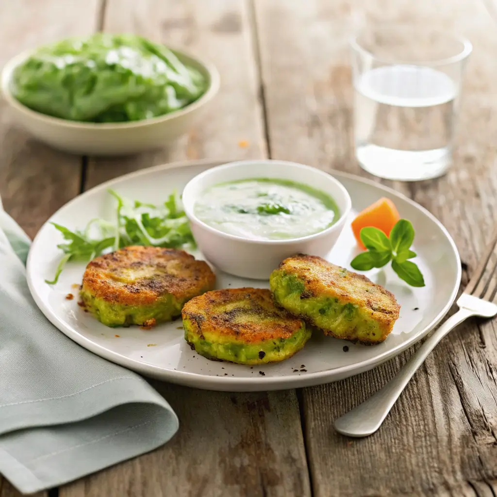 Gesunde und knusprige Zucchini-Möhren-Puffer – perfekt zum Tauchen in die frische Dip-Soße!