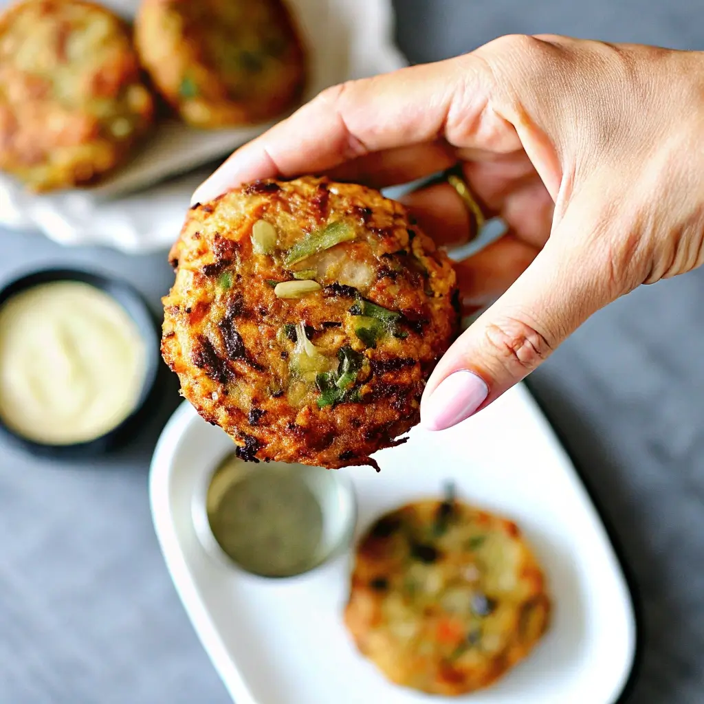 Knusprige Zucchini-Möhren-Puffer werden appetitlich serviert mit einer cremigen Dip-Soße.