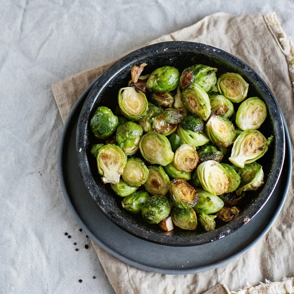 Knuspriger Airfryer-Rosenkohl in einer schwarzen Pfanne serviert – goldbraun gebräunt, leicht glänzend und perfekt angeröstet. Auf einem rustikalen Tuch präsentiert, ideal als gesunde Beilage zu Hauptgerichten.
