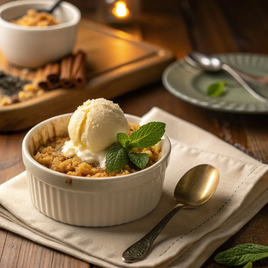 Apfel Crumble in einer weißen Keramikschale serviert, mit einer Kugel Vanilleeis und frischer Minze garniert, auf einem Holztisch mit warmem Licht und Zimt im Hintergrund – perfekt zum Genießen als herbstliches Dessert.