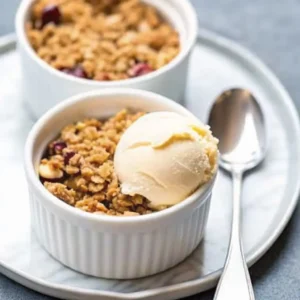 Apfel Crumble in einer weißen Keramikschale serviert, mit einer Kugel Vanilleeis und einem Löffel daneben auf einem Marmorteller – perfekt für ein herzhaftes Dessert.